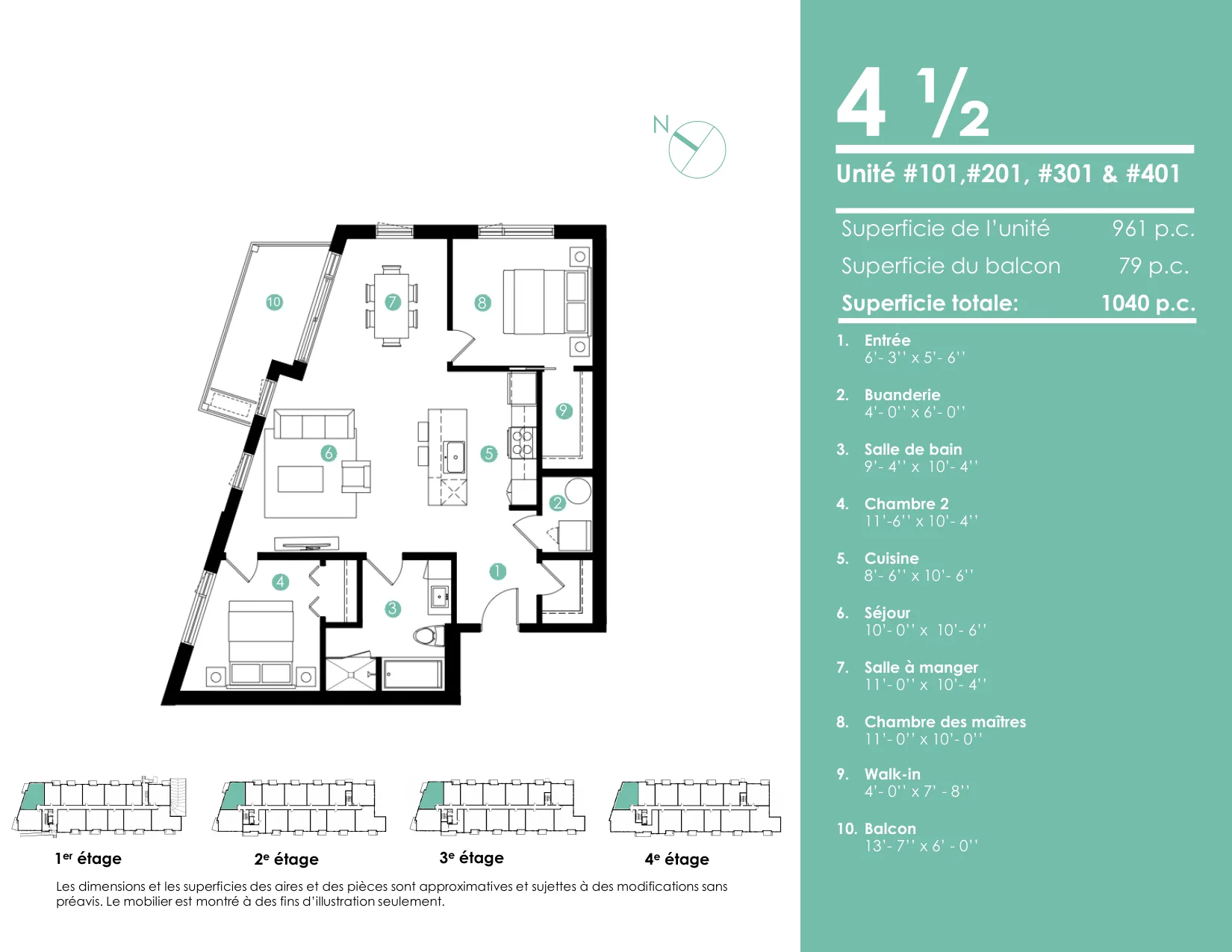 Plan 4 ½ — 1 040 pi² — Unités 101, 201, 301, 401