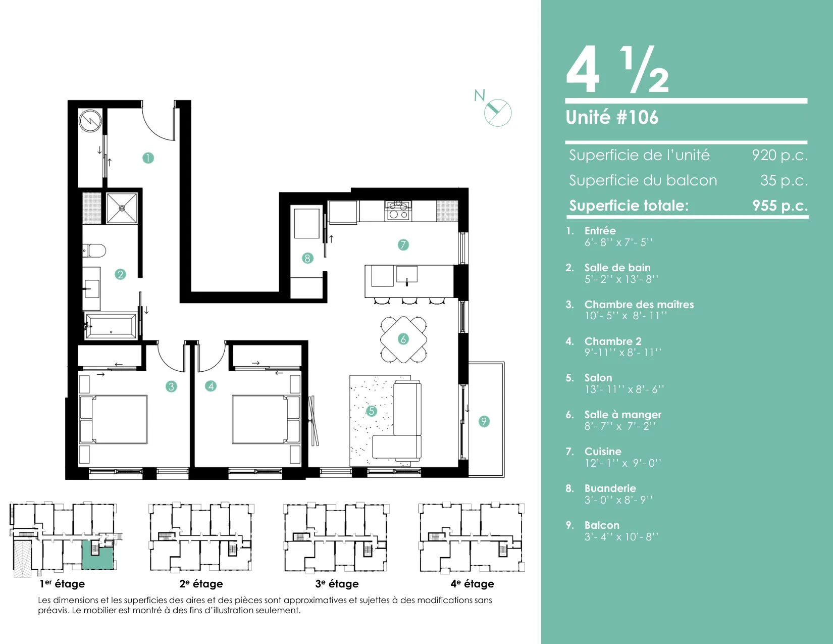 Plan 4 ½ — 955 pi² — Unités 106