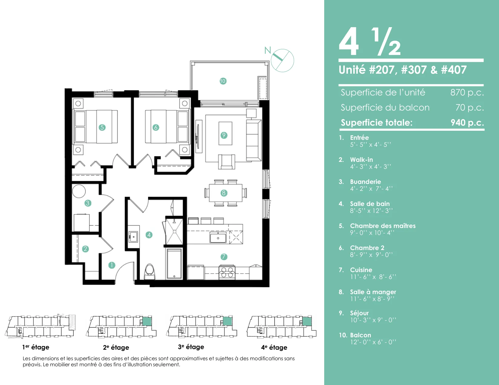 Plan 4 ½ — 940 pi² — Unités 207, 307, 407