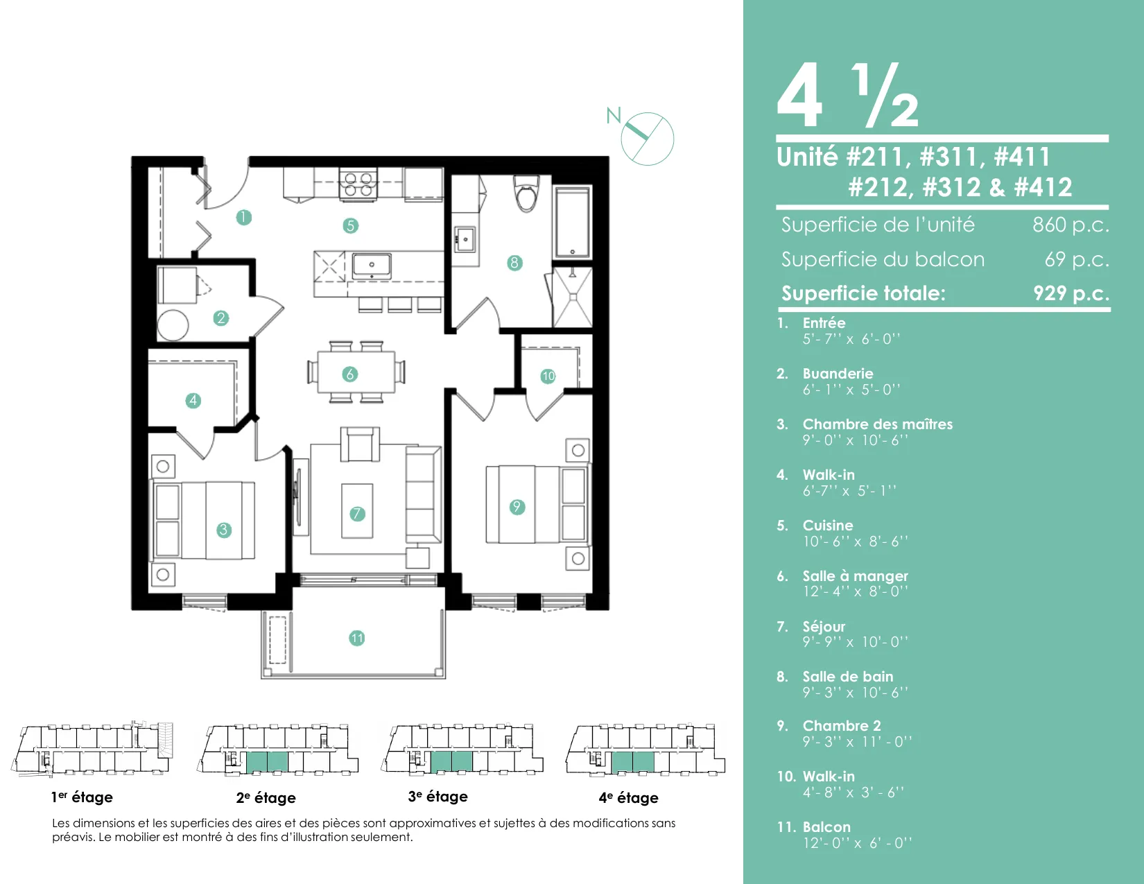 Plan 4 ½ — 929 pi² — Unités 211, 212, 311, 312, 411, 412