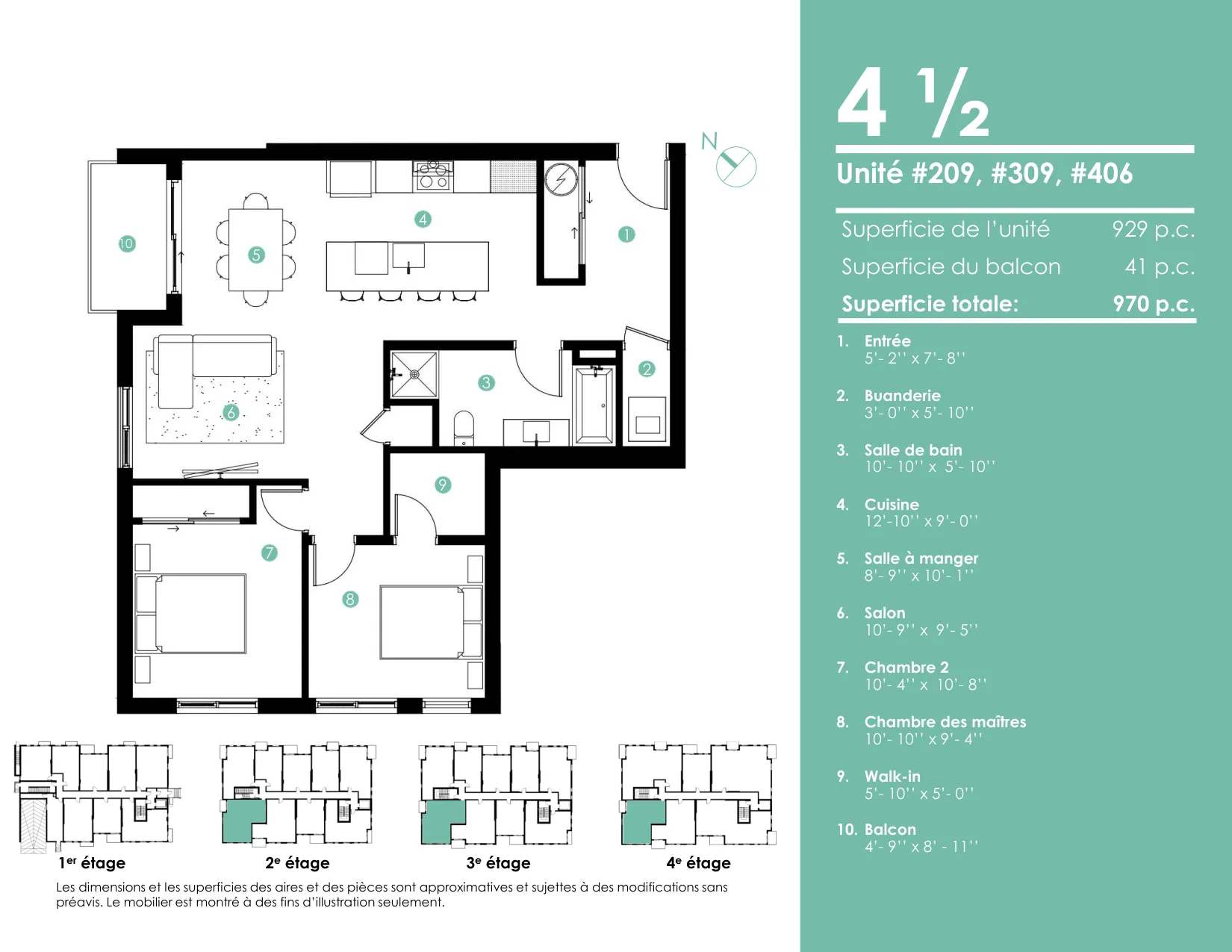 Plan 4 ½ — 970 pi² — Unités 209, 309, 406