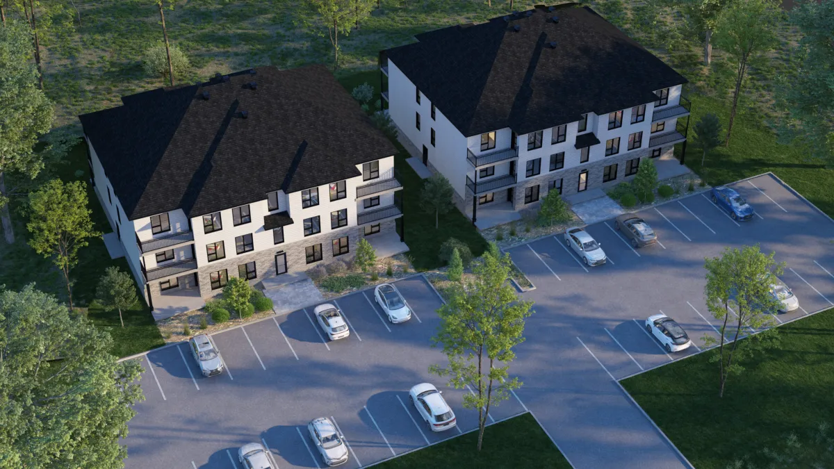 Rendu 3D vu du dessus : implantation du bâtiment sur le terrain